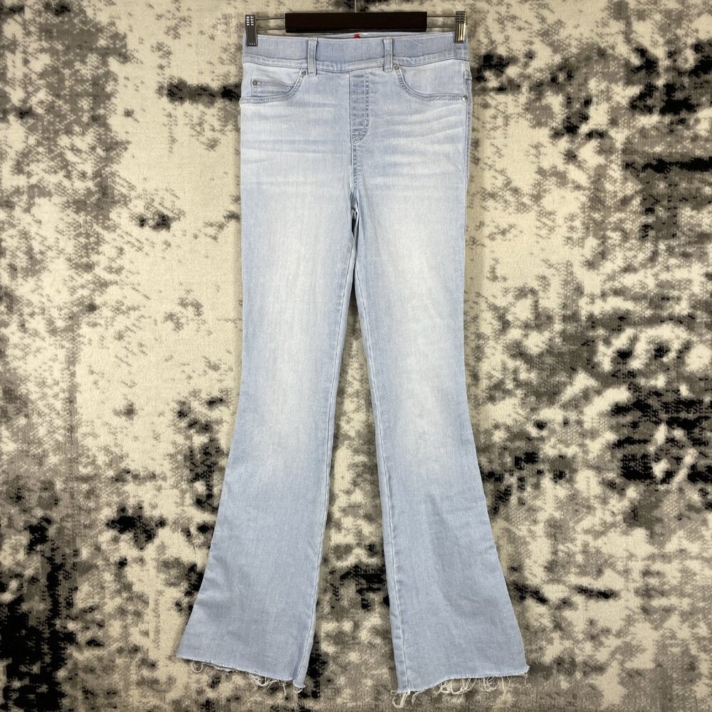 Spanx‎ Flare In Retro Pull On Jeans Womens Size Small Light Wash Raw Hem Stretch